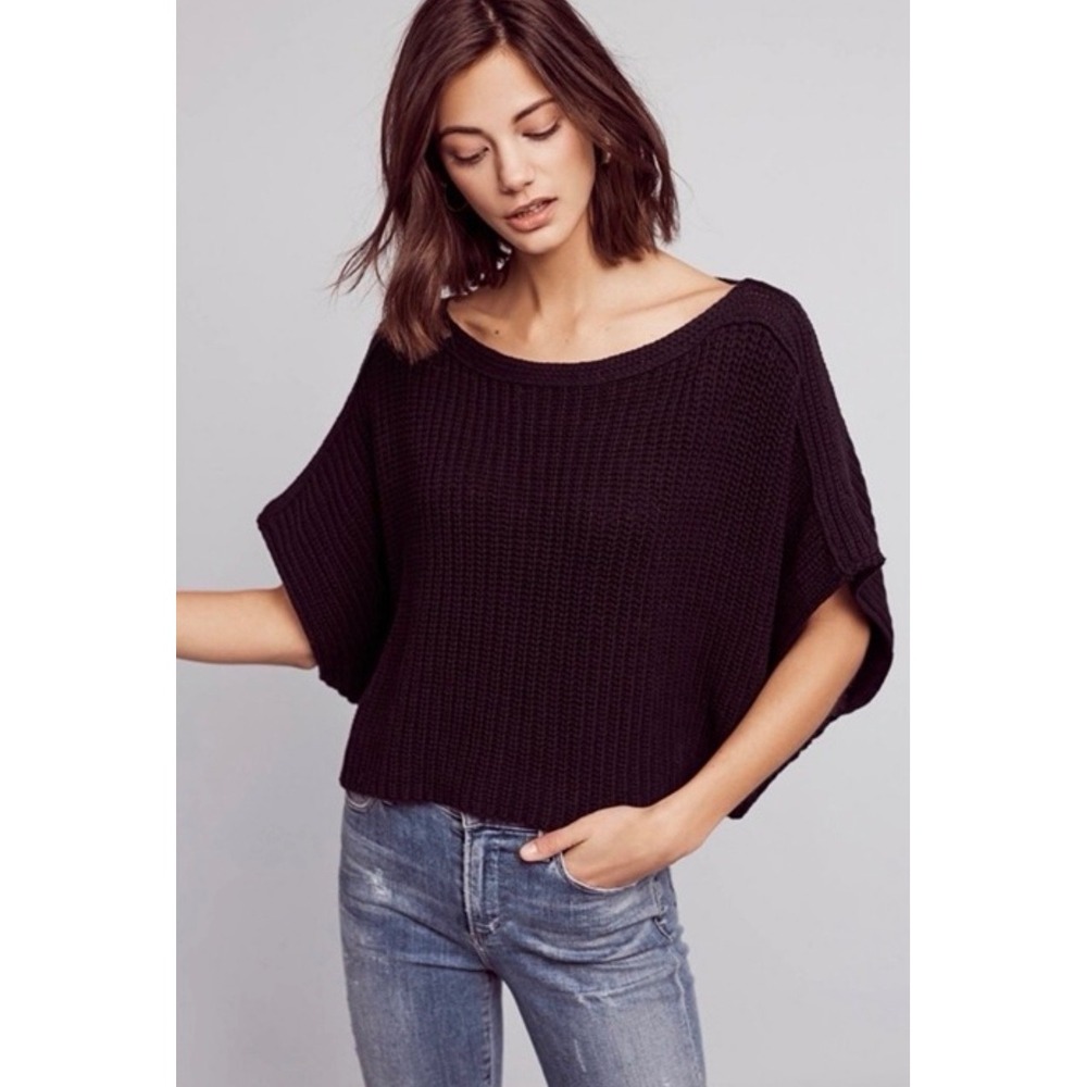 Moth Anthropologie Black Shaker Knit Oversized Cropped Boxy Sweater Size M